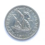 Portuguese 2.5 Escudo copper-nickel coin 1985 year. The coin shows Coat of Arms of Portugal and Carrack, ocean-going sailing ship that was developed in the 14th to 15th centuries in Europe, Portugal.